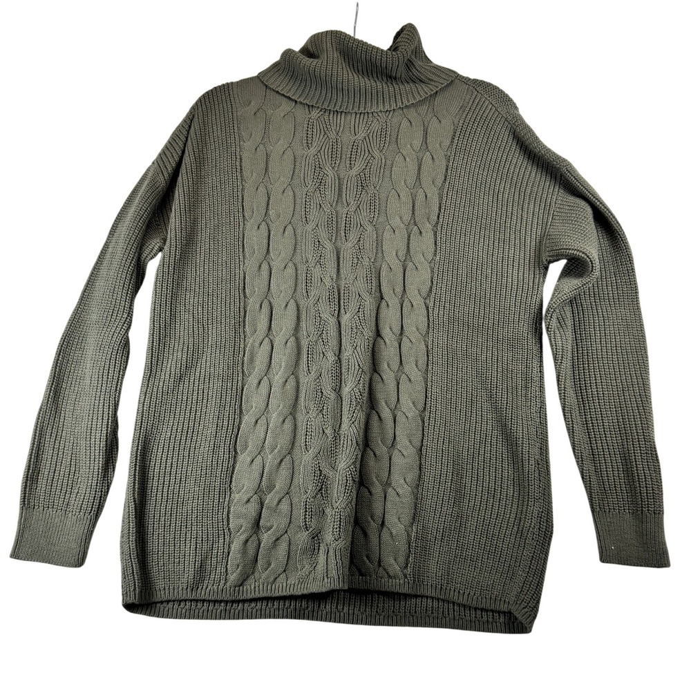 GAP Womens Olive Green 100% Cotton Cable Knit Tunic Sweater L Fisherman Layering